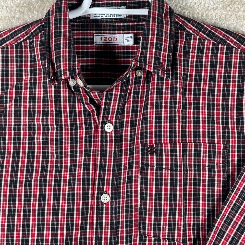 IZOD Mens Preppy Dark Academia Plaid Button Down Shirt Red Black XL 18/20 REG